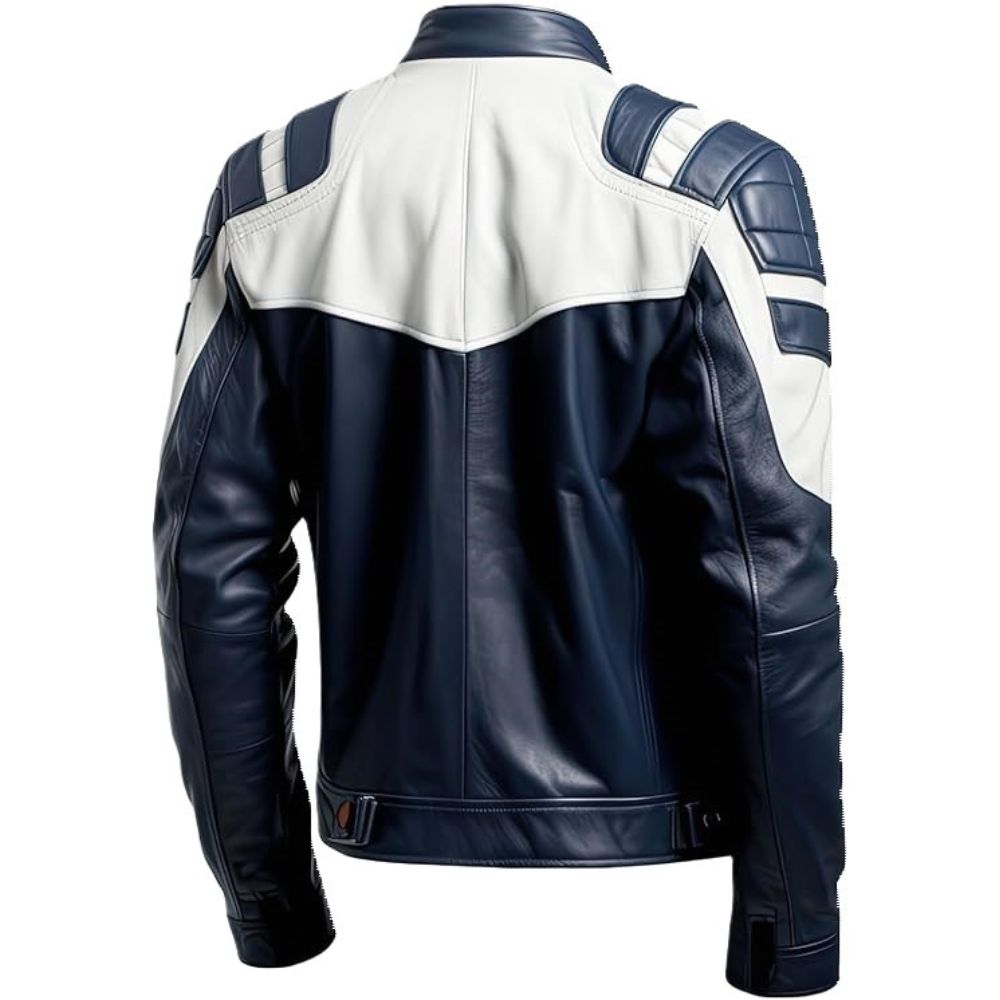 Men’s Blue Brando Slim-Fit Genuine Sheepskin Biker Leather Jacket