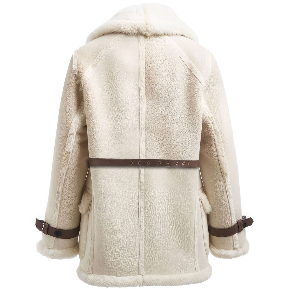 Women’s Genuine Beige Faux Fur Shearling Leather Belted Trench Coat