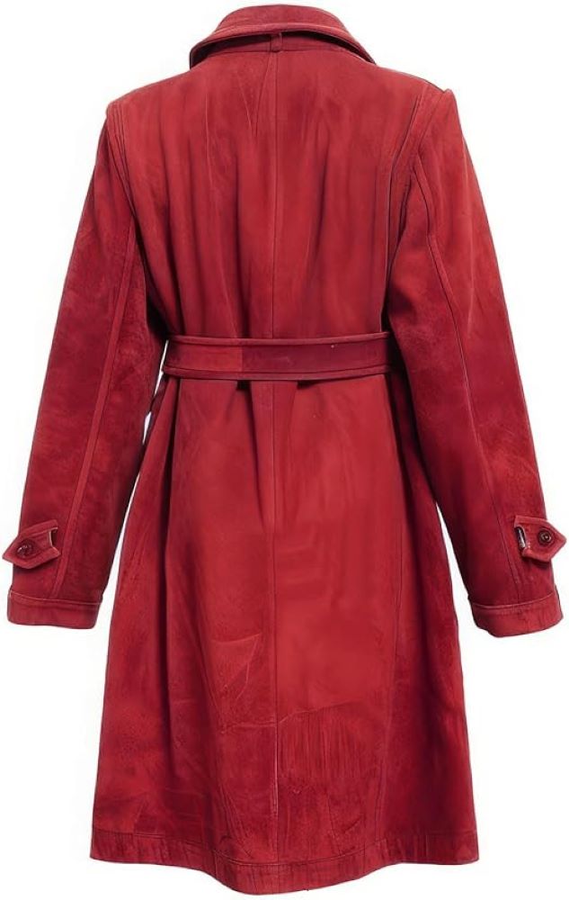 Women’s Red Genuine Suede Elegant Crossover Lapel Collar Trench Coat