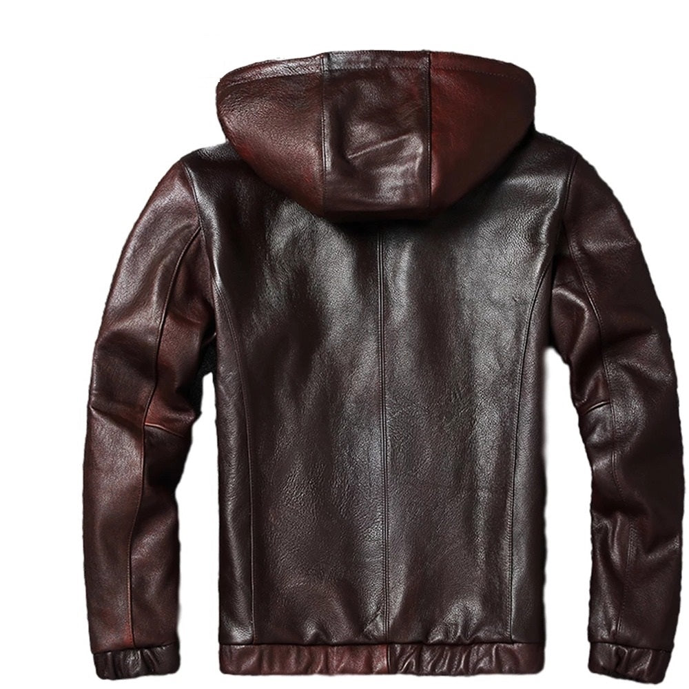 Mens Phantom Simple Genuine Lambskin Leather Hooded Bomber Jacket