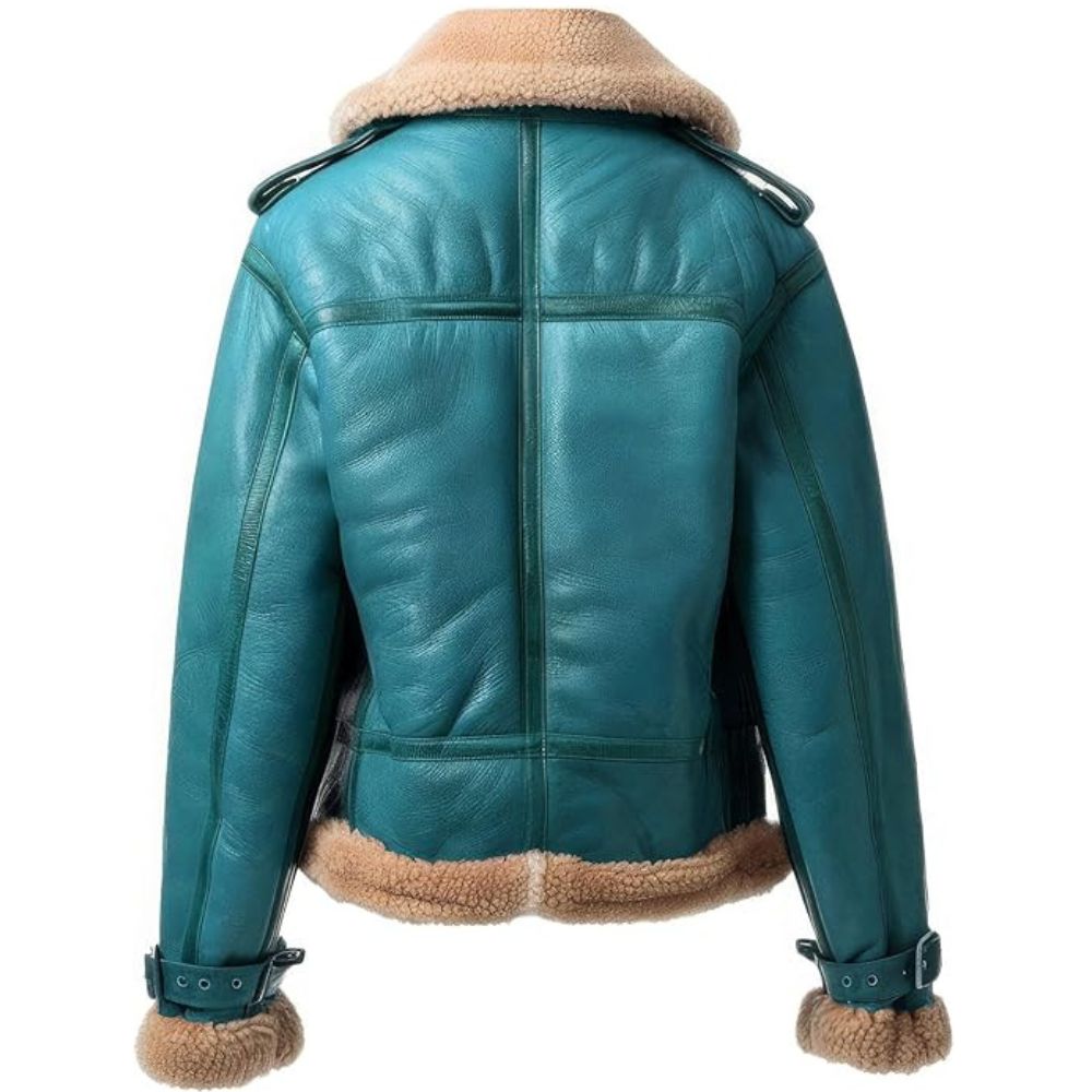 Women's Teal blue Shearling Faux Fur Aviator Leather Jacket