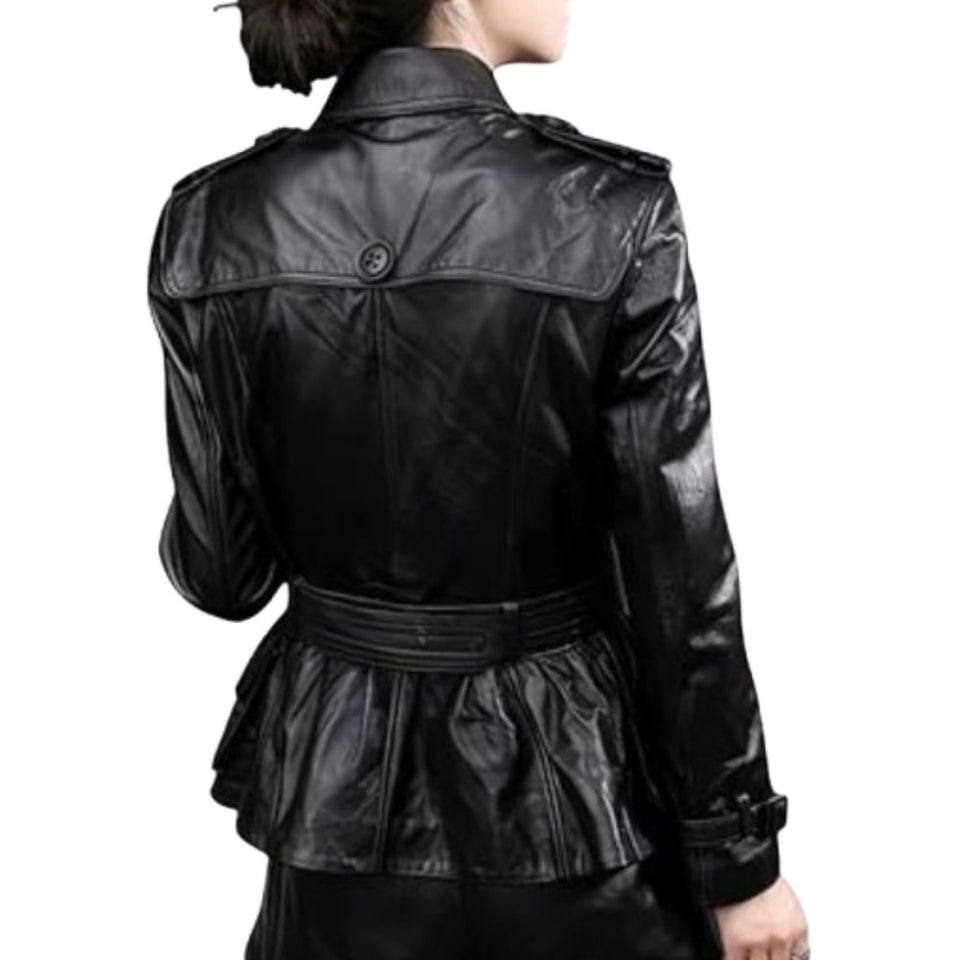 Women’s Double-Breasted Jet Black Genuine Sheepskin Leather Jacket