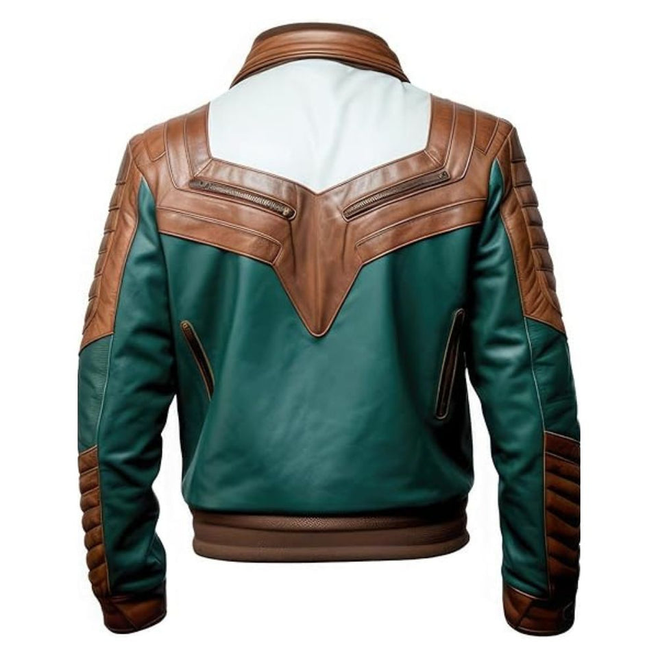 Men's Brown-Green Quilted Genuine Sheepskin Bomber Leather Jacket