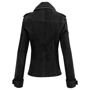 Women's Black Premium Double-Breasted Suede Sheepskin Leather Coat