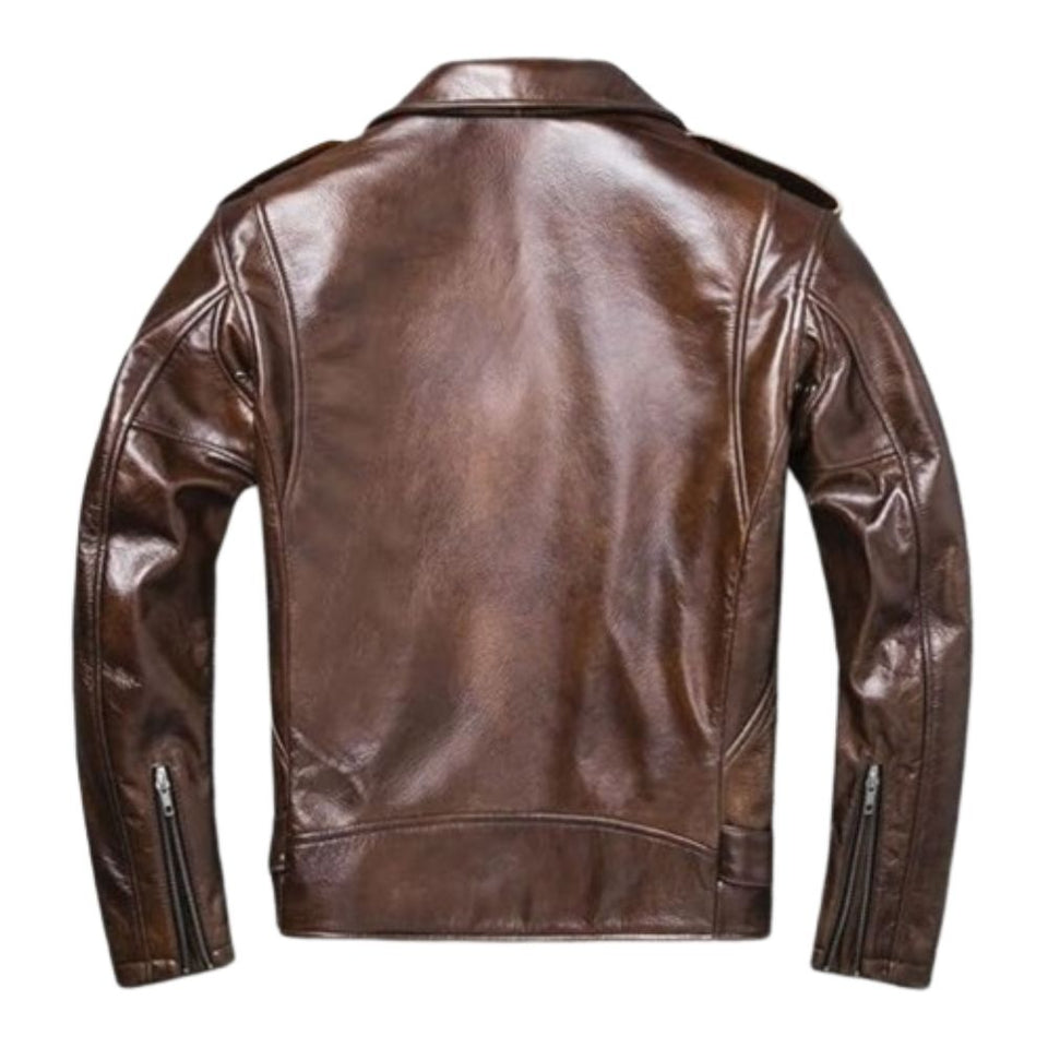 Men’s Brown Asymmetric Vintage Biker Genuine Cowhide Leather Jacket