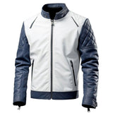 Men’s Navy Blue Grey Genuine Sheepskin Quilted Biker Leather Jacket