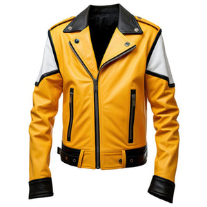 Men’s Yellow-White Café Racer Premium Sheepskin Leather Jacket