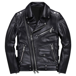 Men’s Black Genuine Sheepskin Asymmetrical Slim-Fit Leather Jacket