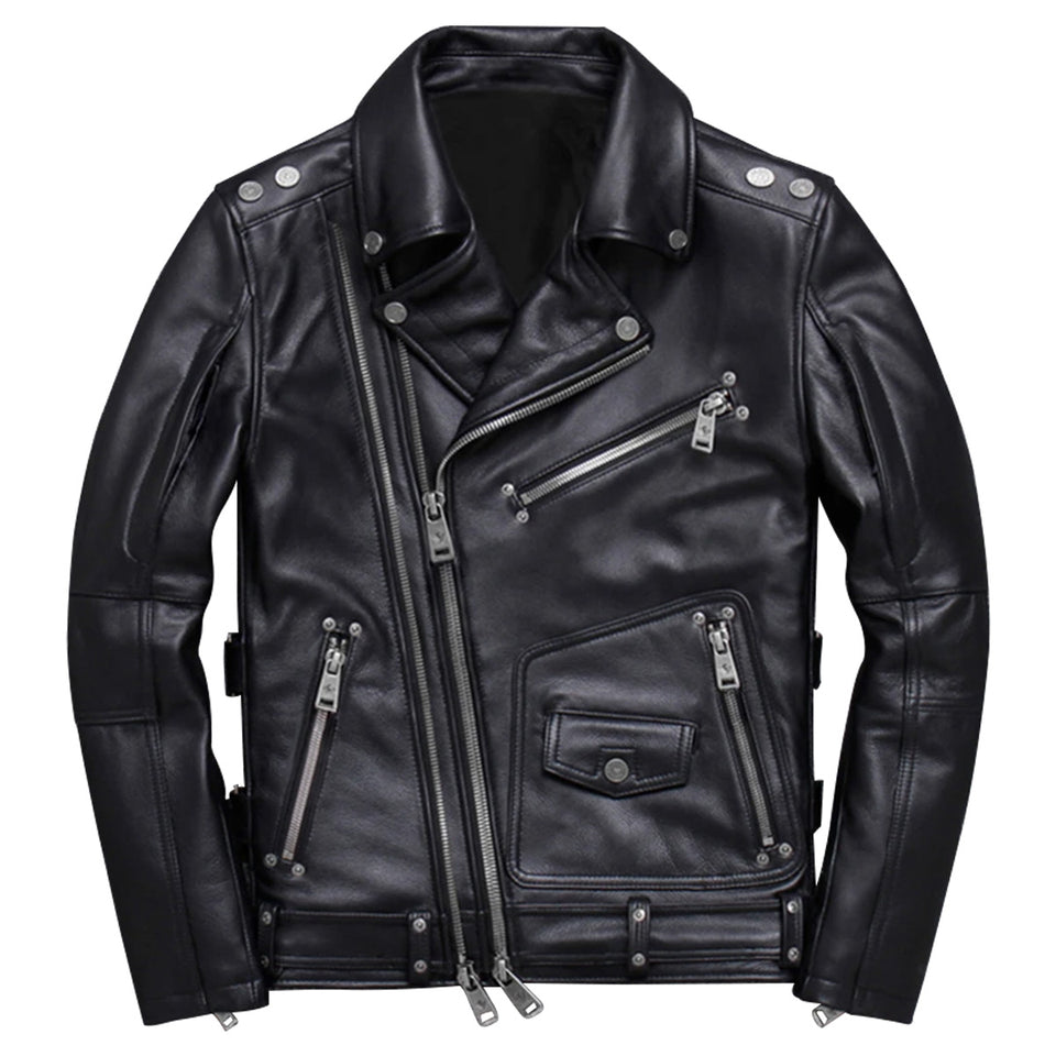 Men’s Black Genuine Sheepskin Asymmetrical Slim-Fit Leather Jacket