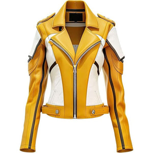 Women’s Yellow White Paneled Genuine Sheepskin Biker Leather Jacket