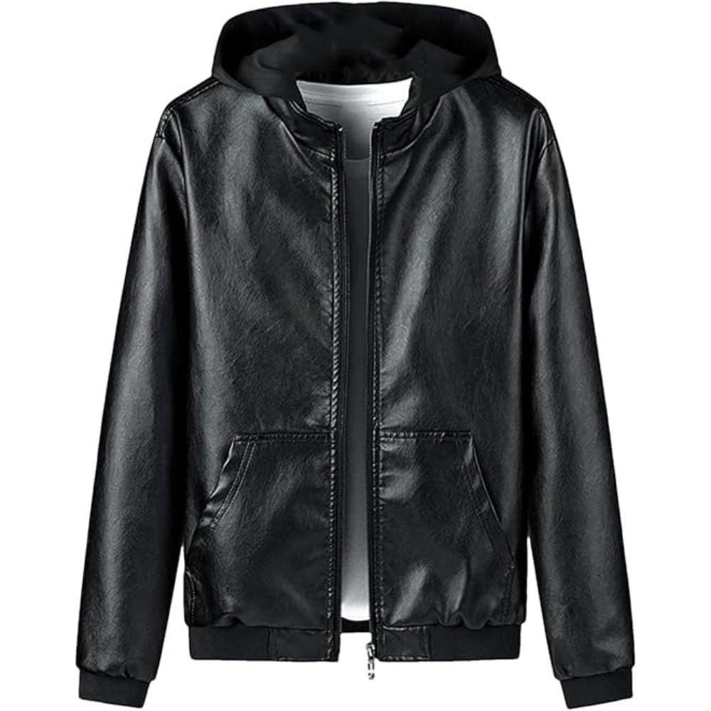 Men's Black Sheepskin Hooded Zipper Bomber Premium Leather Jacket