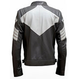 Men's Charcoal Grey White Sheepskin Moto Quilted Racer Leather Jacket