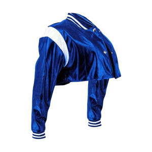 Women’s Blue Genuine Sheepskin Crop Baseball Top White Strips Leather Jacket