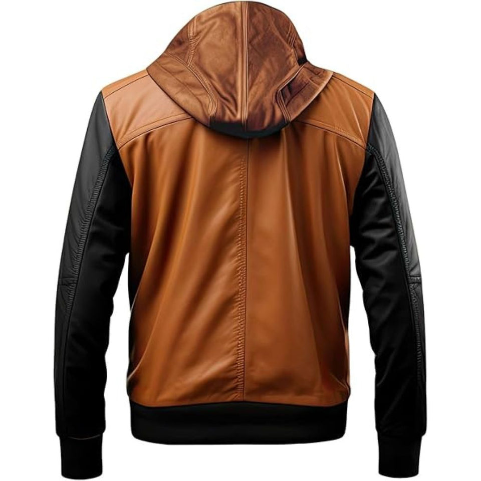 Men’s Brown Genuine Sheepskin Rib Knitted Hooded Bomber Leather Jacket