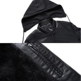 Men's Black Sheepskin Faux Shearling Fur Lining Hoodie Leather Jacket