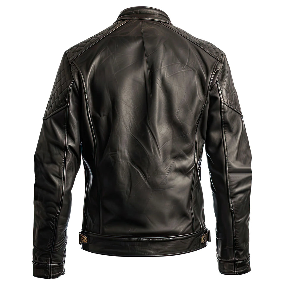 Men’s Brown Stand-up Collar Genuine Sheepskin  Diamond Leather Biker Jacket