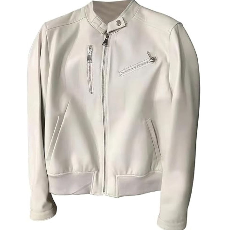 Women's  Chic White Bomber-Style Genuine Sheepskin Leather Jacket