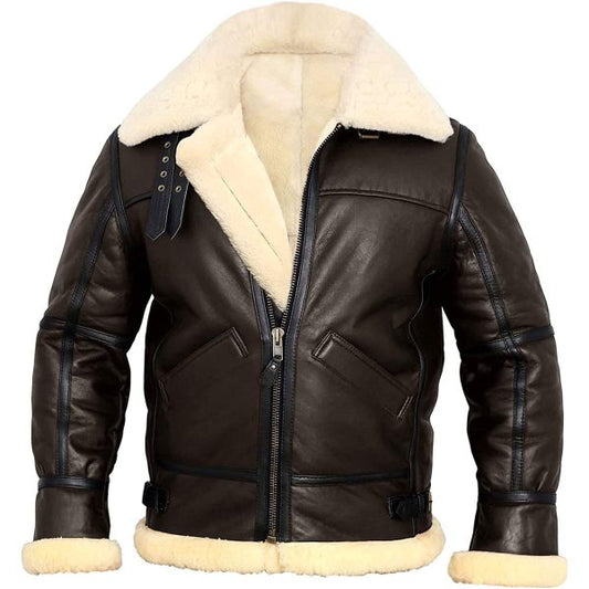 Men's Vintage Faux Fur Genuine Sheepskin Leather Jacket