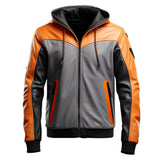 Men’s Grey Orange Hooded Genuine Sheepskin Leather Bomber Jacket