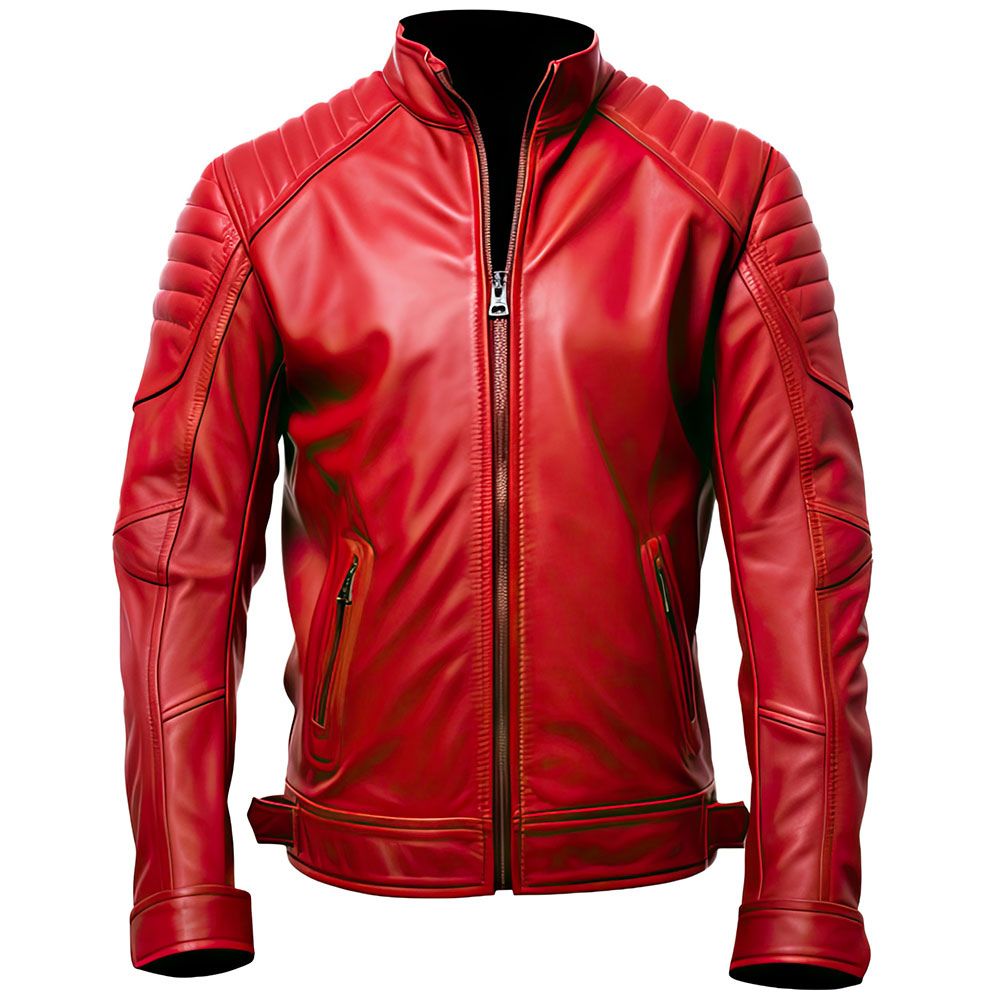 Men’s Red Moto-Retro Quilted Premium Sheepskin Leather Jacket