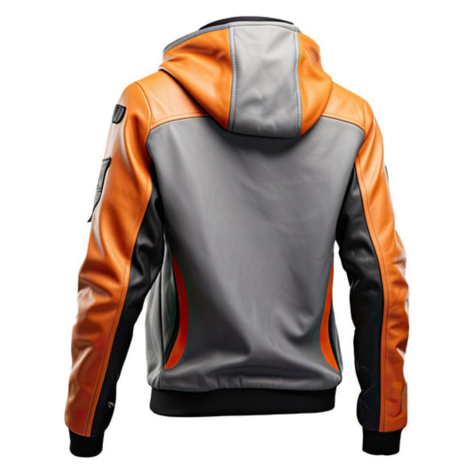 Men’s Grey Orange Hooded Genuine Sheepskin Leather Bomber Jacket