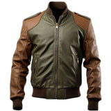 Men’s Olive Green Brown Bomber Genuine Sheepskin Leather Jacket