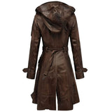 Women’s Brown Vintage Hooded Long Premium Sheepskin Leather Coat