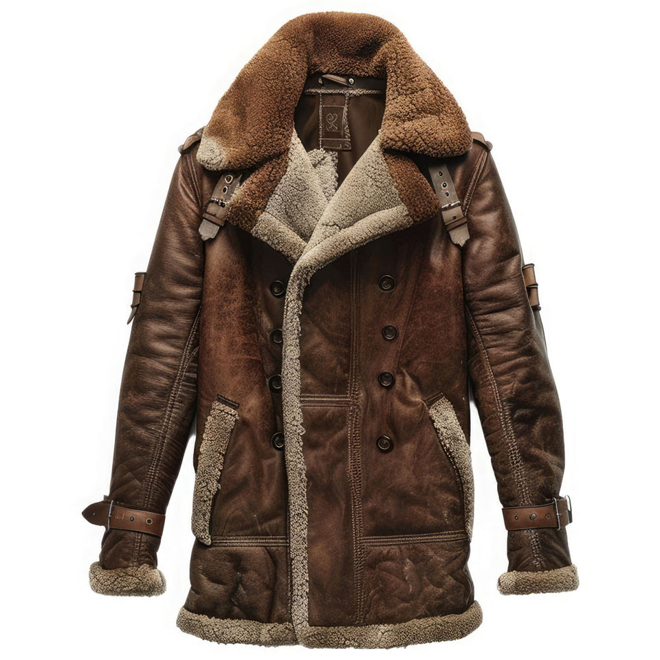 Men’s Classic Brown Faux-Shearling Genuine Sheepskin Leather Coat