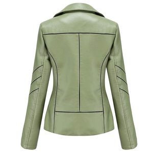 Women's Green Genuine Sheepskin Stylish Moto Biker Leather Jacket