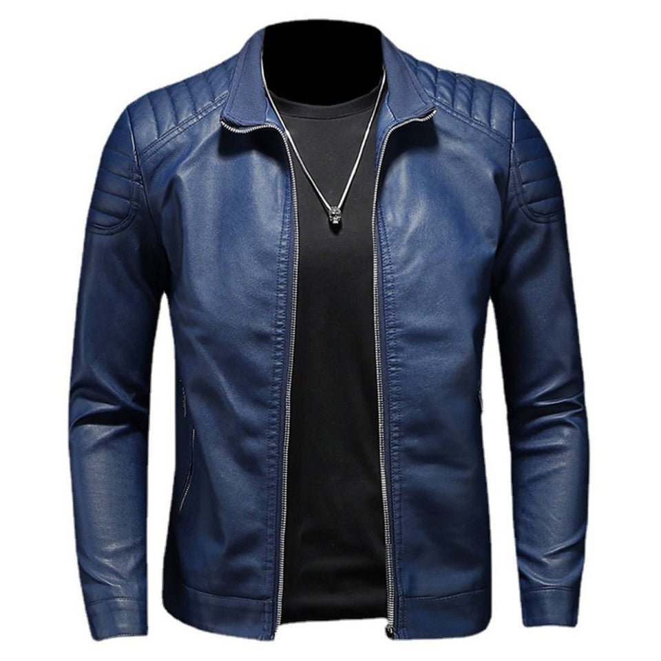 Men’s Blue Quilted Motorcycle Genuine Sheepskin Biker Leather Jacket