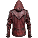 Men’s Distressed Red Genuine Sheepskin Hooded Slim-Fit Biker Leather Jacket