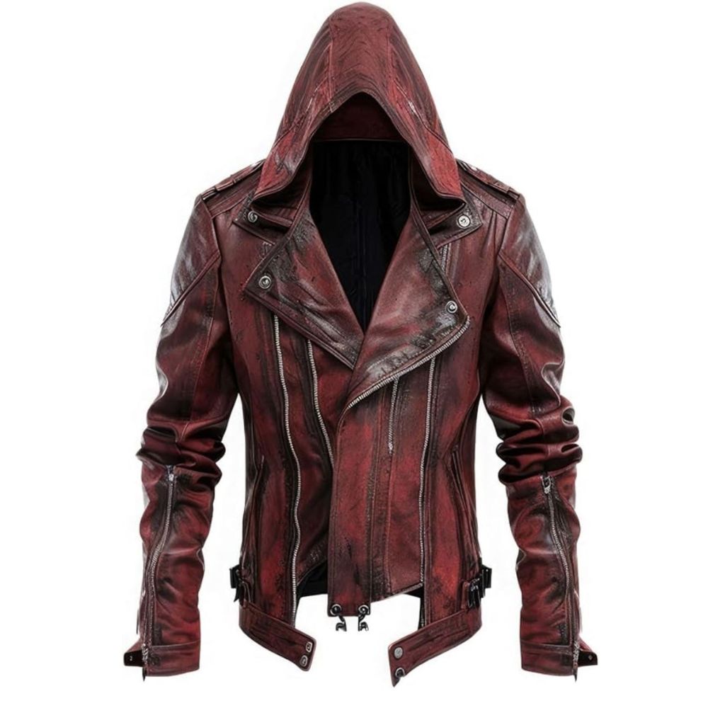 Men’s Distressed Red Genuine Sheepskin Hooded Slim-Fit Biker Leather Jacket