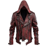 Men’s Distressed Red Genuine Sheepskin Hooded Slim-Fit Biker Leather Jacket