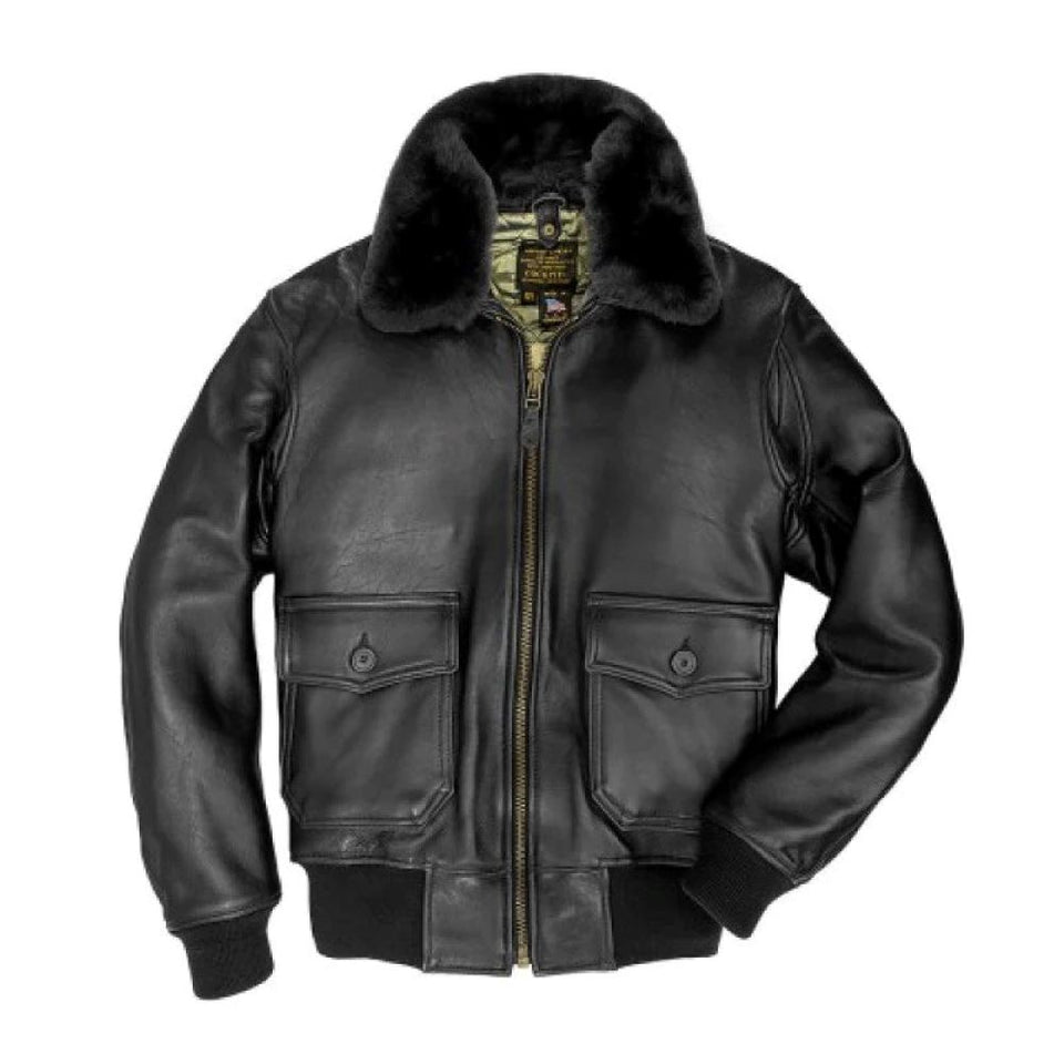 Men's Classic Black Bomber Rib Knitted Genuine Sheepskin Leather Jacket