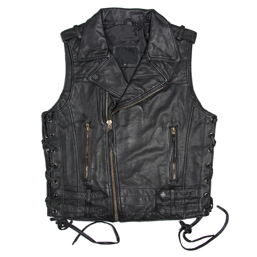 Men's Vintage Retro Black Motorcycle Genuine Cowhide Leather Vest