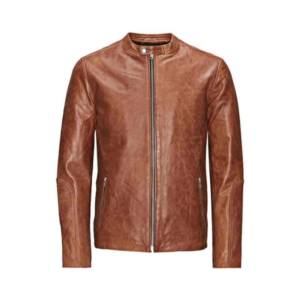 Men's Distressed Brown Moto-Biker Genuine Lambskin Leather Jacket