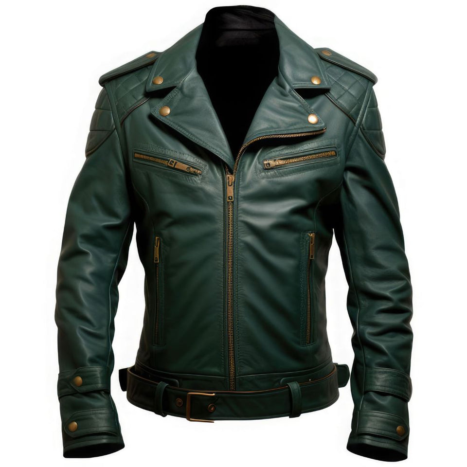 Men’s Green Genuine Sheepskin Notched Collar Rider Leather Jacket