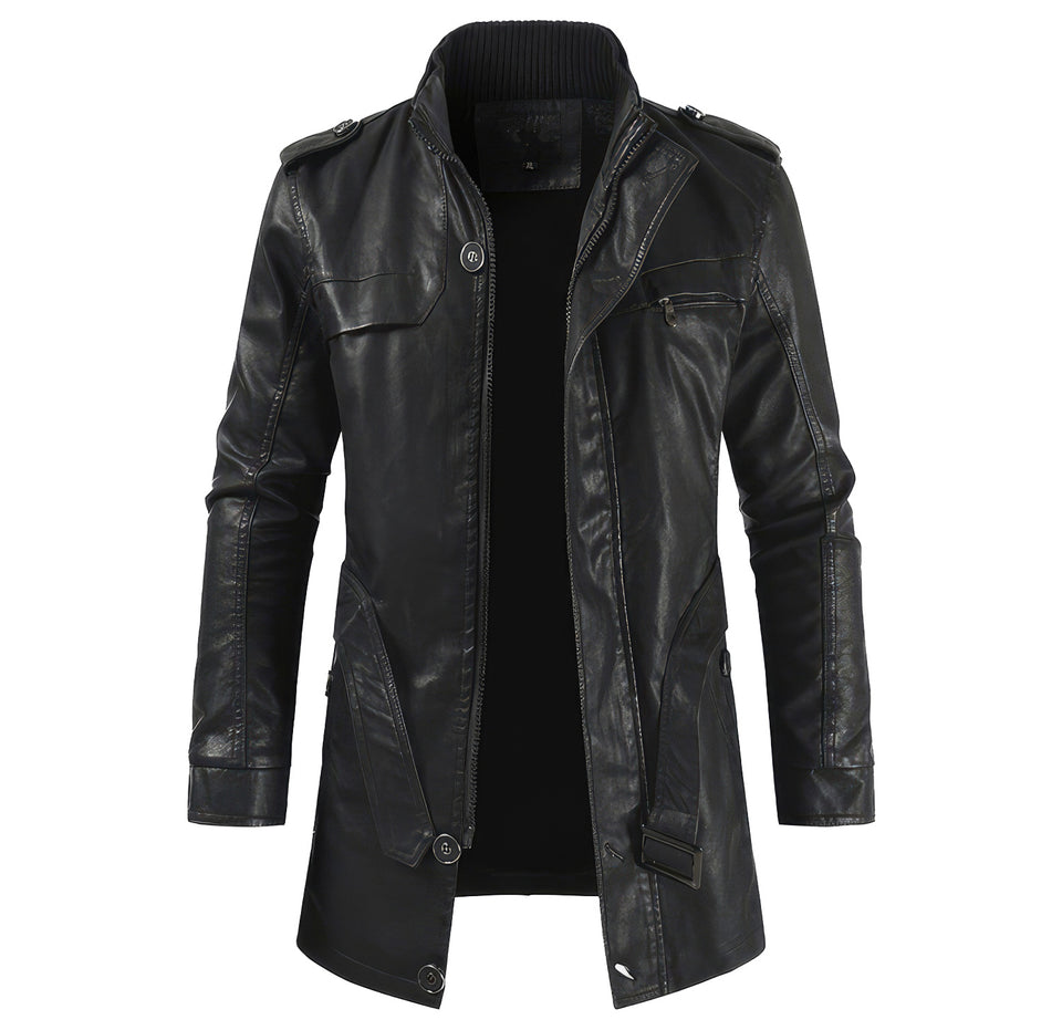 Men’s Classic Black Genuine Sheepskin Leather Trench Coat