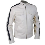 Men's Off-White Blue-Stripe Genuine Leather Motorcycle Jacket