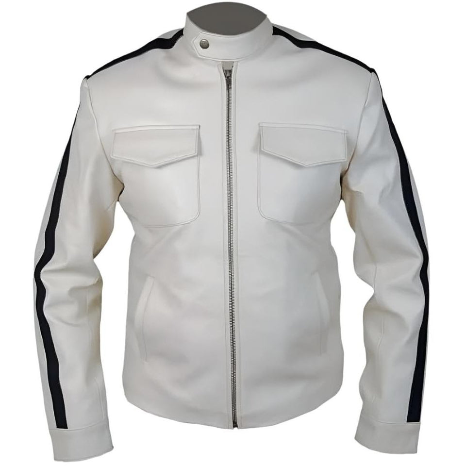 Men's Off-White Blue-Stripe Genuine Leather Motorcycle Jacket