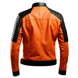 Men's Orange Cafe Racer Quilted Premium Sheepskin Leather Jacket