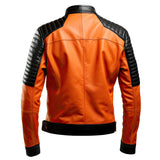 Men's Orange Cafe Racer Quilted Premium Sheepskin Leather Jacket