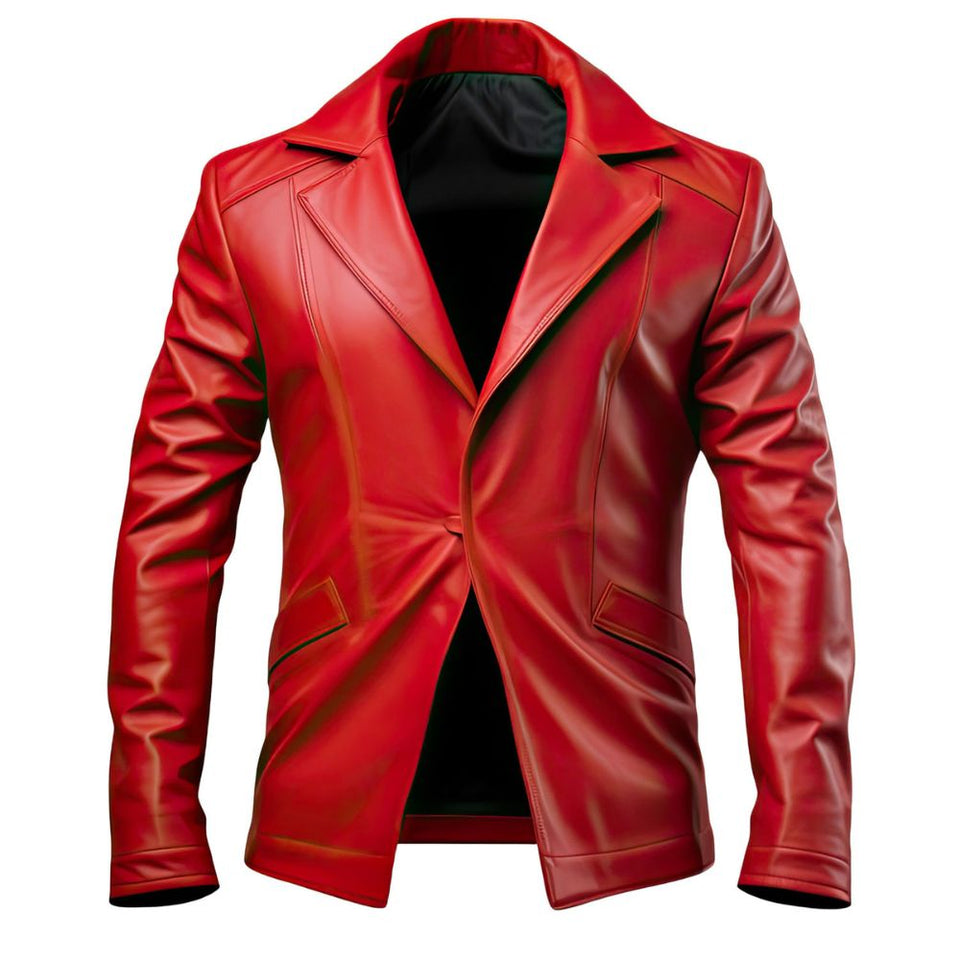 Men’s Red Genuine Sheepskin Notch Lapel Collar Blazer Leather Jacket