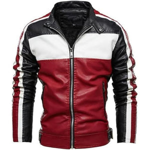 Men’s Red and Black Varsity Stand Collar Cafe Racer Leather Jacket