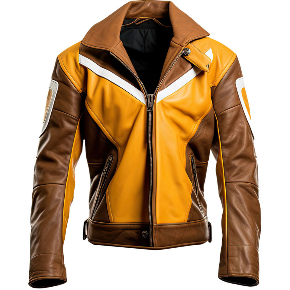 Men’s Brown Yellow Motorcycle Genuine Sheepskin Leather Jacket