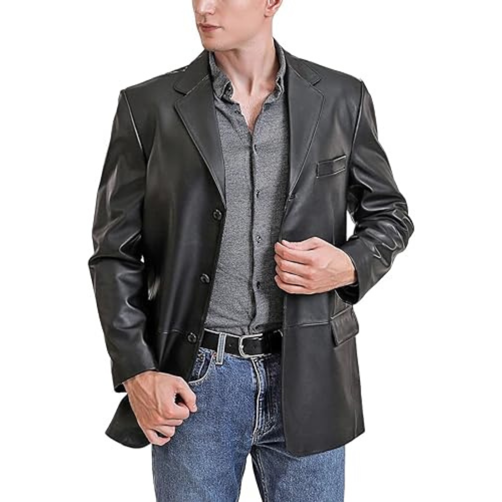 Men's Solid Black Slim-Fit Genuine Sheepskin Leather Coat