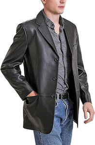 Men's Solid Black Slim-Fit Genuine Sheepskin Leather Coat