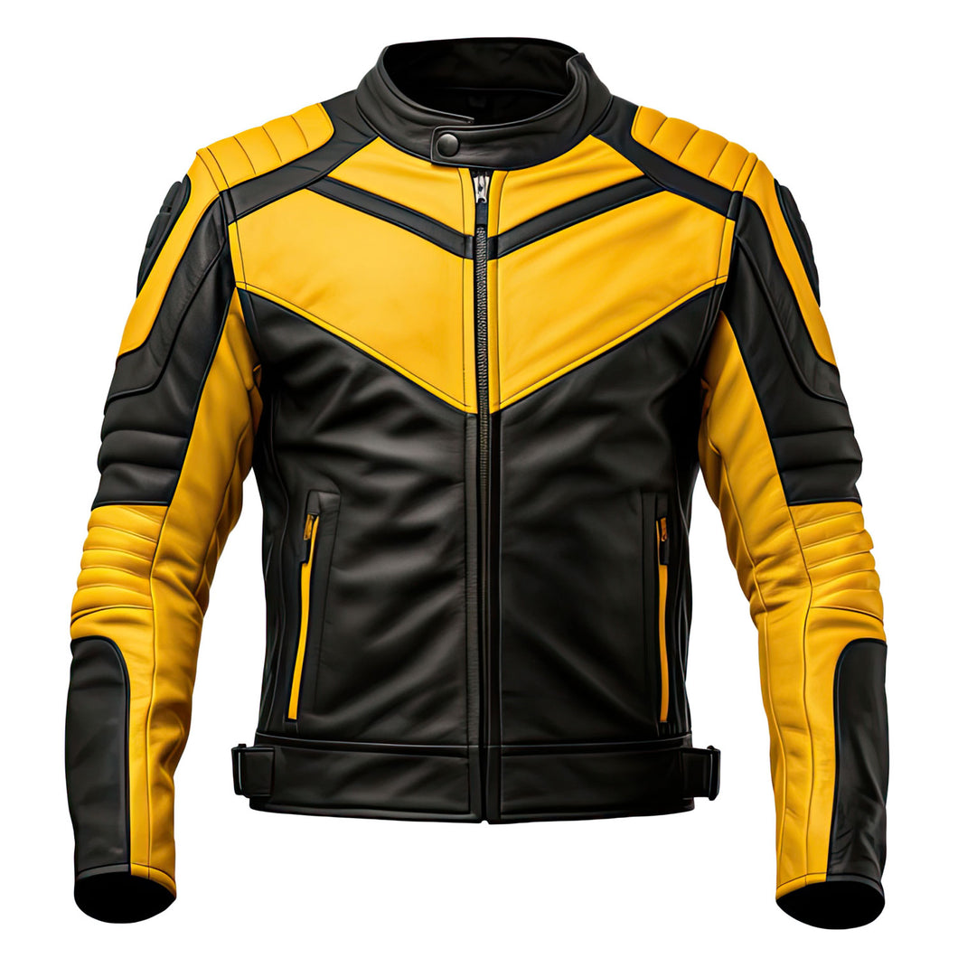 Men’s Yellow Black Genuine Lambskin Quilted Racer Leather Jacket