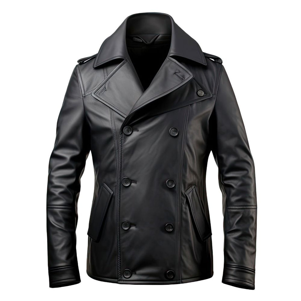 Men's Black Double Breasted Sheepskin Trench Pea Coat