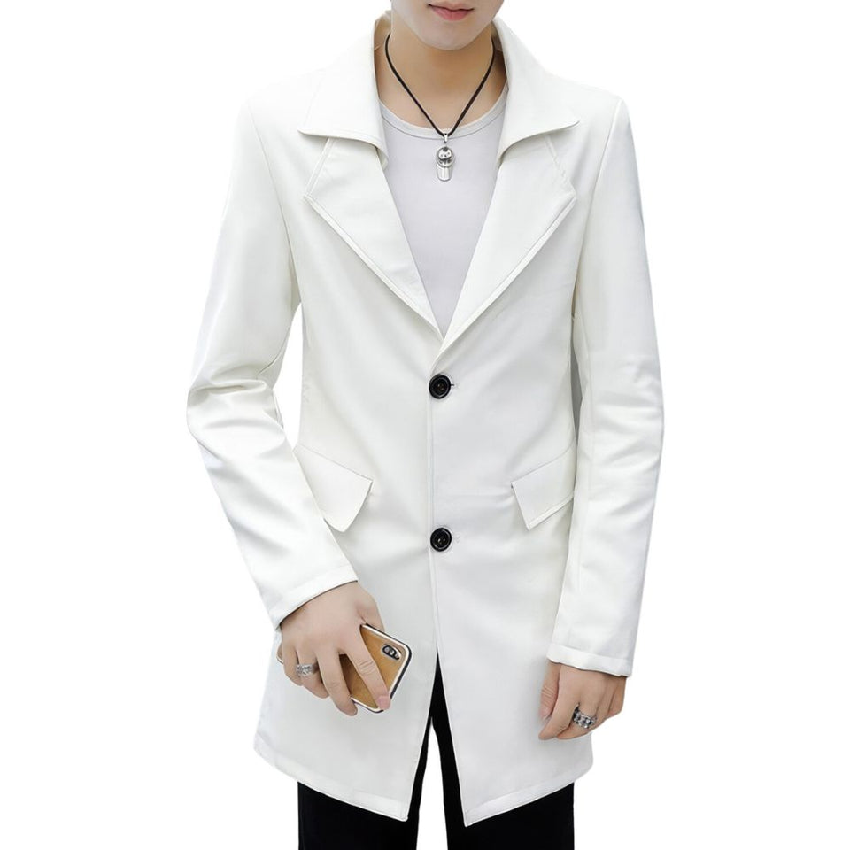 Men's White Notch Lapel Collar Sheepskin Trench Leather Long Coat